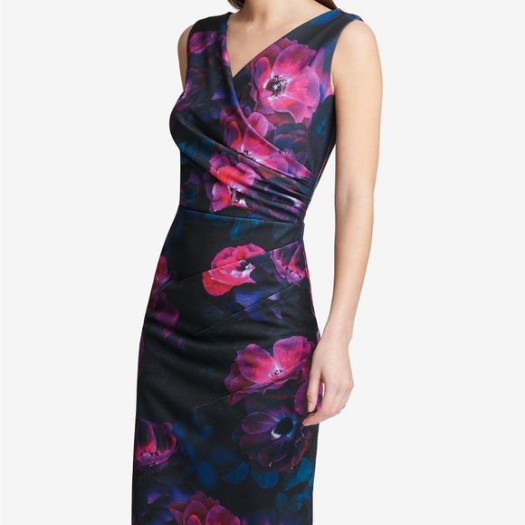 DKNY Multicolor Floral Ruched Sleeveless Scuba Sheath Dress Size 2 - Picture 3 of 3